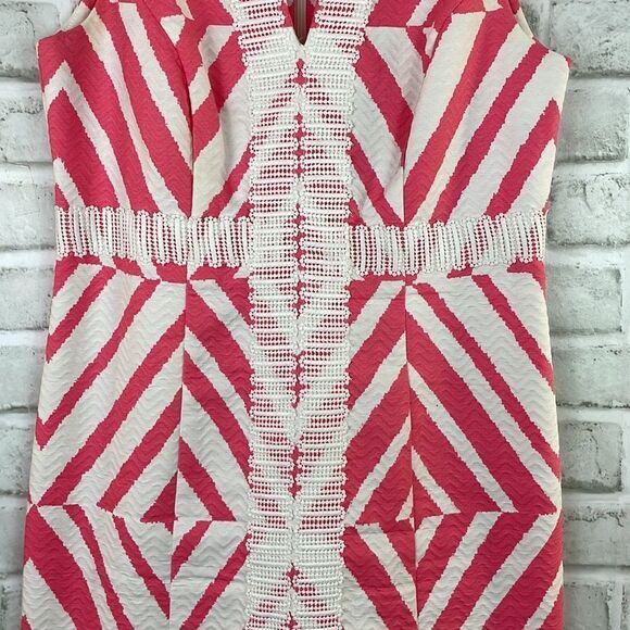 Taylor Dress Pink White Chevron Print Textured Cotton Lace Accent 100% Cotton - Picture 3 of 10